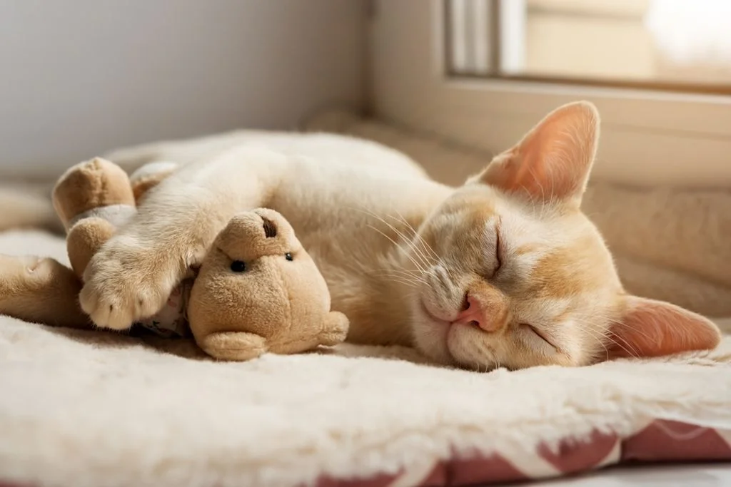 Gattino addormentato con peluche