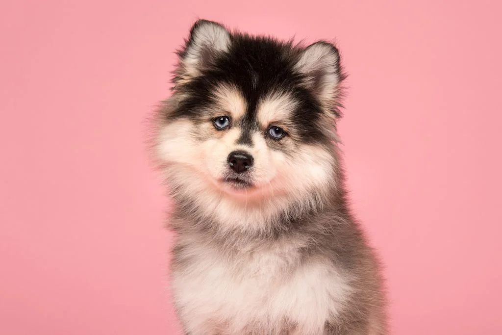 Un cane Pomsky dagli occhi azzurri